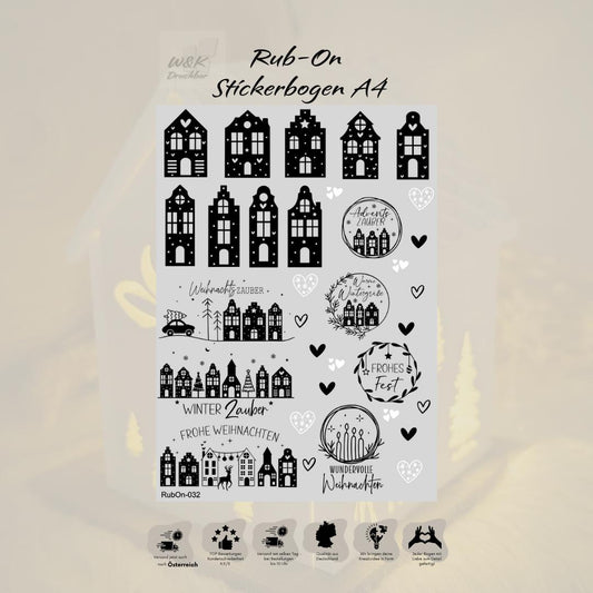RubOn Sticker / Weihnachtliche Grachtenhäuser / A4 Bogen / Randlos /Abreibebilder / DIY Sticker für z.B. Glas Holz