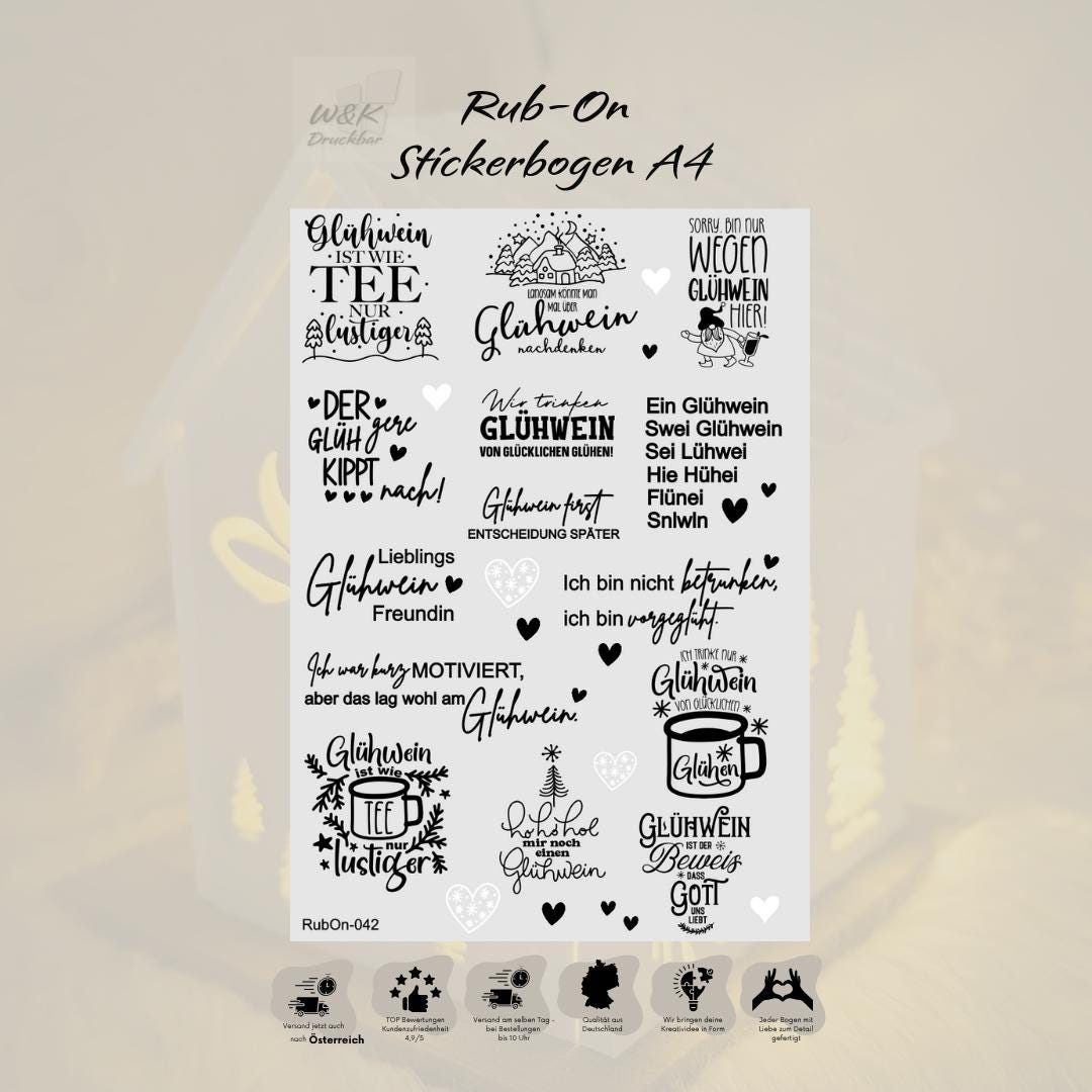 RubOn Sticker / Glühwein / A4 Bogen / Randlos /Abreibebilder / DIY Sticker für z.B. Glas Holz
