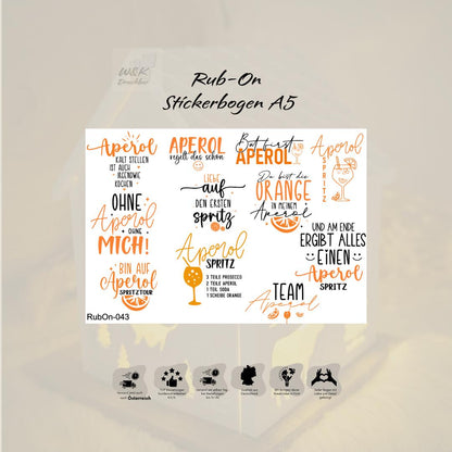 RubOn Sticker / Aperol / A5 Bogen / Randlos /Abreibebilder / DIY Sticker für z.B. Glas Holz