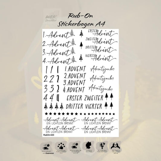 RubOn Sticker / Advent / A4 Bogen / Randlos /Abreibebilder / DIY Sticker für z.B. Glas Holz