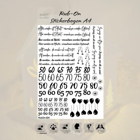RubOn Sticker / Sprüche zum Geburtstag / A4 Bogen / Randlos /Abreibebilder / DIY Sticker für z.B. Glas Holz