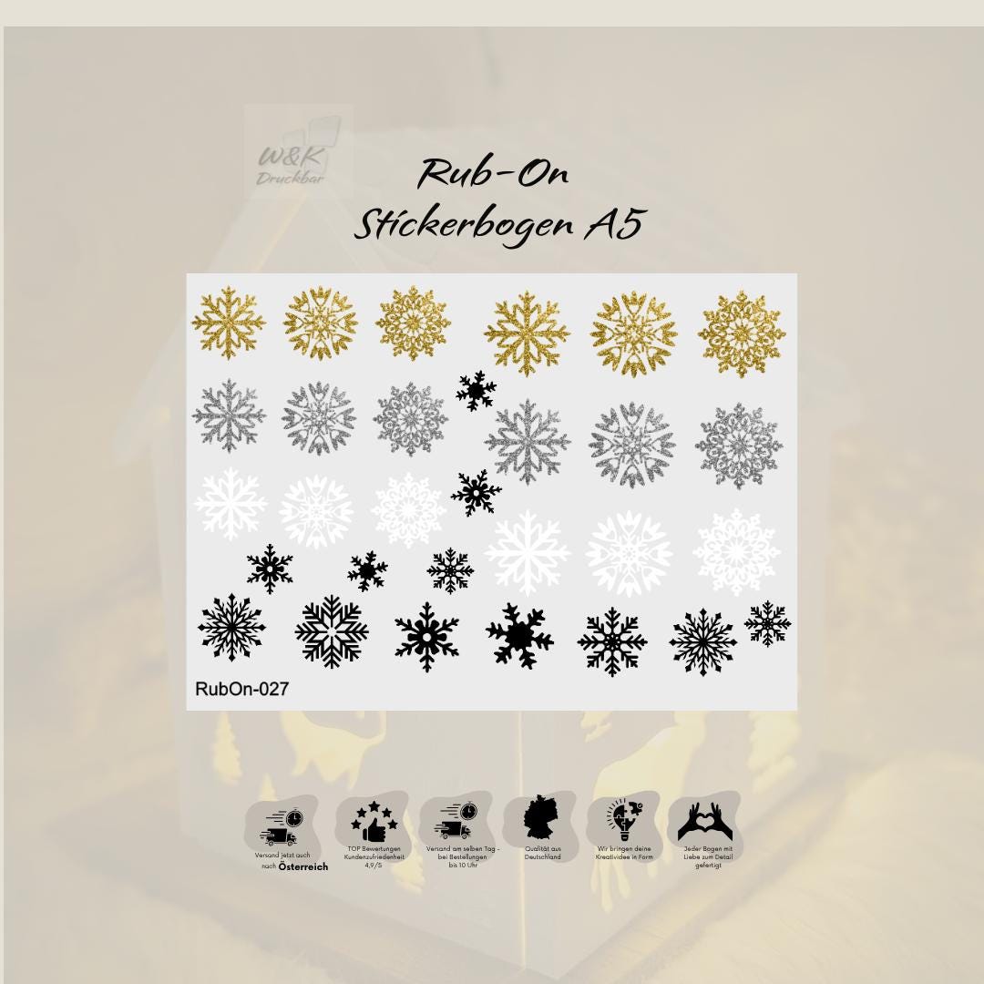 RubOn Sticker / Schneeflocken/ A5 Bogen / Randlos /Abreibebilder / DIY Sticker für z.B. Glas Holz