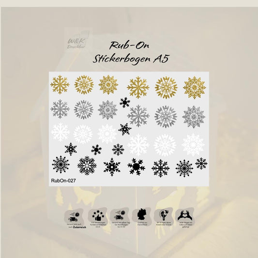 RubOn Sticker / Schneeflocken/ A5 Bogen / Randlos /Abreibebilder / DIY Sticker für z.B. Glas Holz