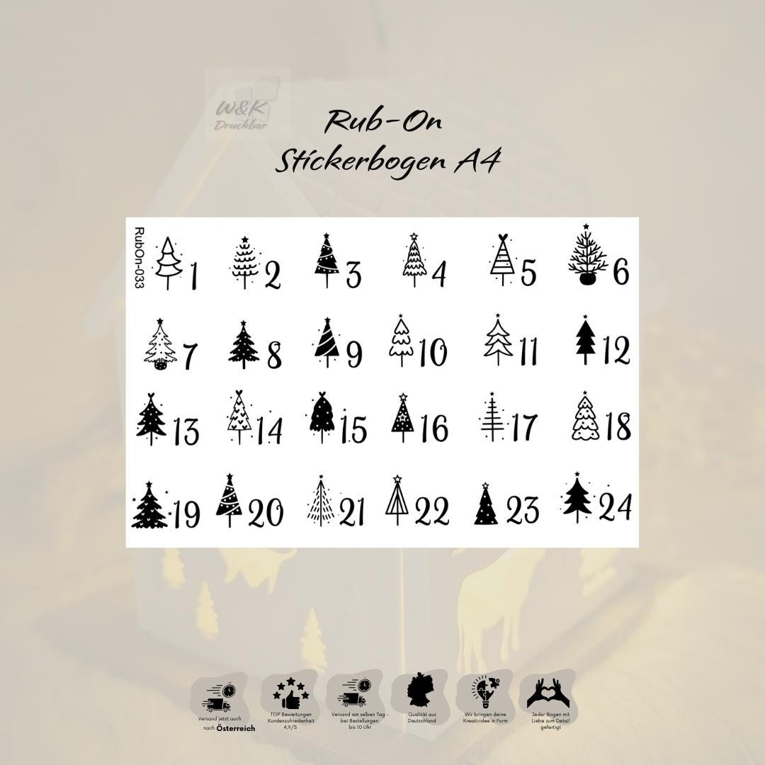 RubOn Sticker / Adventskalender / A4 Bogen / Randlos /Abreibebilder / DIY Sticker für z.B. Glas Holz