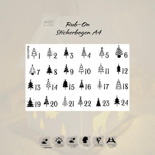 RubOn Sticker / Adventskalender / A4 Bogen / Randlos /Abreibebilder / DIY Sticker für z.B. Glas Holz