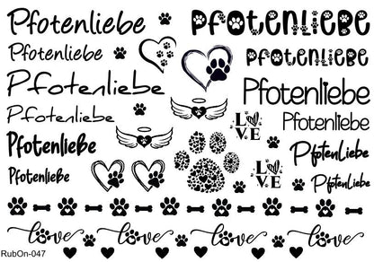RubOn Sticker / Pfotenliebe / A5 Bogen / Randlos /Abreibebilder / DIY Sticker für z.B. Glas Holz