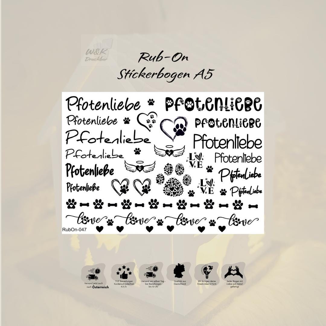 RubOn Sticker / Pfotenliebe / A5 Bogen / Randlos /Abreibebilder / DIY Sticker für z.B. Glas Holz