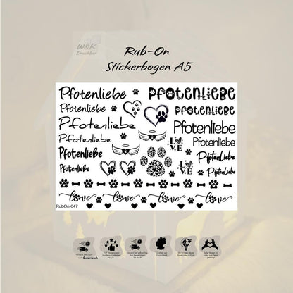 RubOn Sticker / Pfotenliebe / A5 Bogen / Randlos /Abreibebilder / DIY Sticker für z.B. Glas Holz
