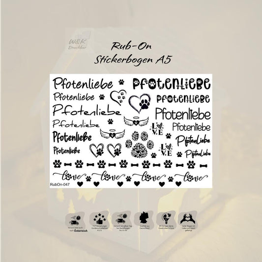 RubOn Sticker / Pfotenliebe / A5 Bogen / Randlos /Abreibebilder / DIY Sticker für z.B. Glas Holz