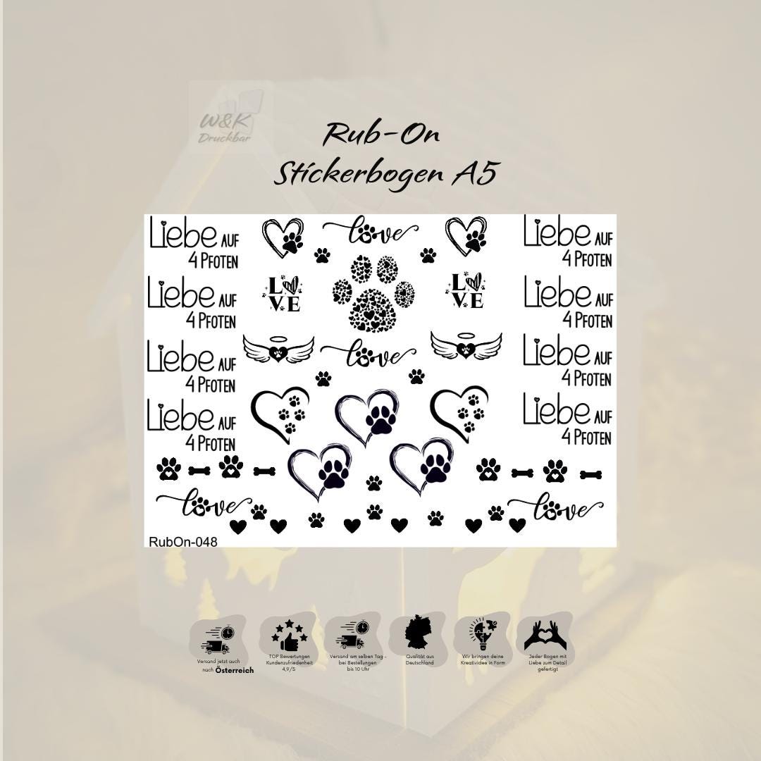 RubOn Sticker / Liebe auf 4 Pfoten / A5 Bogen / Randlos /Abreibebilder / DIY Sticker für z.B. Glas Holz