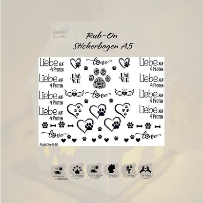 RubOn Sticker / Liebe auf 4 Pfoten / A5 Bogen / Randlos /Abreibebilder / DIY Sticker für z.B. Glas Holz
