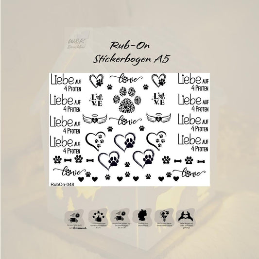 RubOn Sticker / Liebe auf 4 Pfoten / A5 Bogen / Randlos /Abreibebilder / DIY Sticker für z.B. Glas Holz