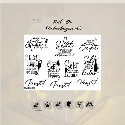 RubOn Sticker / Sekt / A5 Bogen / Randlos / Abreibebilder / DIY Sticker für z.B. Glas Holz