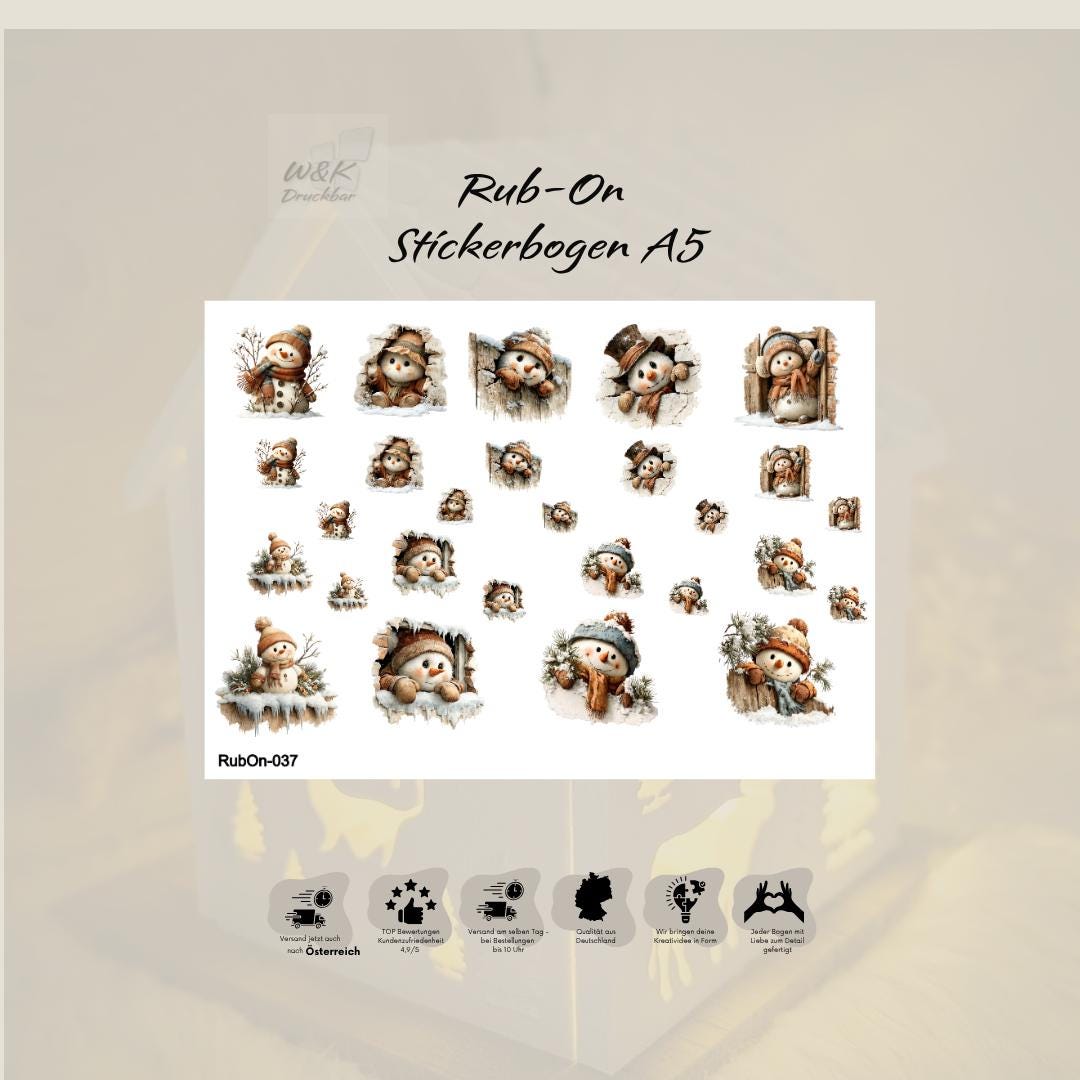 RubOn Sticker / Schneemänner / A5 Bogen / Randlos / Abreibebilder / DIY Sticker für z.B. Glas Holz