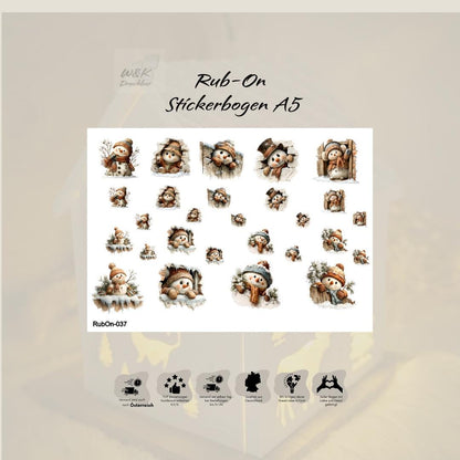 RubOn Sticker / Schneemänner / A5 Bogen / Randlos / Abreibebilder / DIY Sticker für z.B. Glas Holz