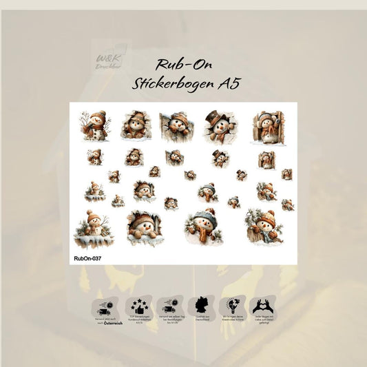 RubOn Sticker / Schneemänner / A5 Bogen / Randlos / Abreibebilder / DIY Sticker für z.B. Glas Holz