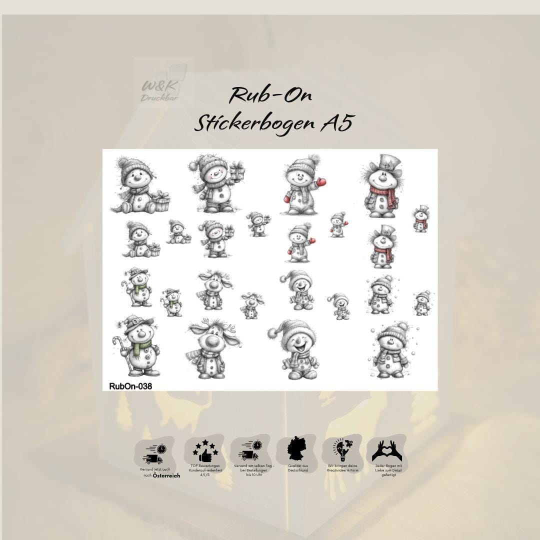 RubOn Sticker / Schneemänner Bleistiftzeichnung / A5 Bogen / Randlos / Abreibebilder / DIY Sticker für z.B. Glas Holz