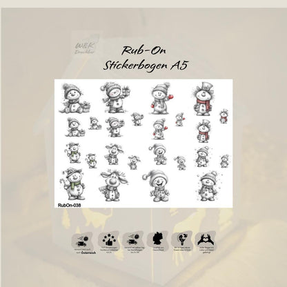 RubOn Sticker / Schneemänner Bleistiftzeichnung / A5 Bogen / Randlos / Abreibebilder / DIY Sticker für z.B. Glas Holz