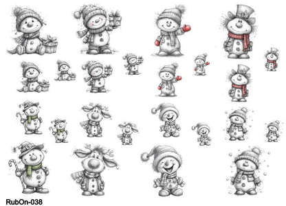 RubOn Sticker / Schneemänner Bleistiftzeichnung / A5 Bogen / Randlos / Abreibebilder / DIY Sticker für z.B. Glas Holz