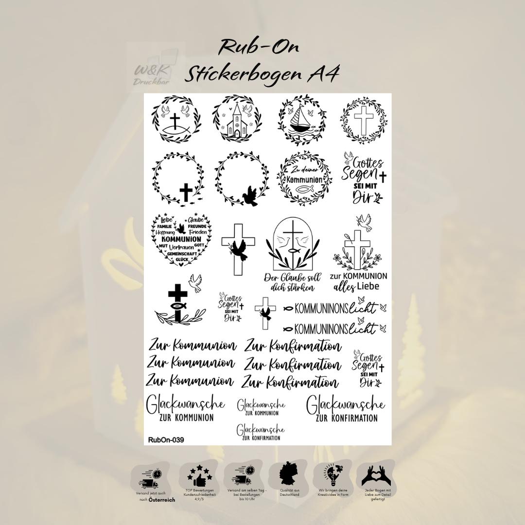 RubOn Sticker / Kommunion / Konfirmation / A4 Bogen / Randlos /Abreibebilder / DIY Sticker für z.B. Glas Holz