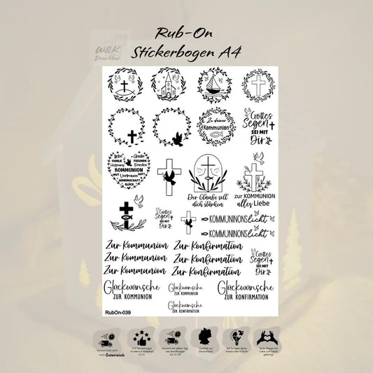 RubOn Sticker / Kommunion / Konfirmation / A4 Bogen / Randlos /Abreibebilder / DIY Sticker für z.B. Glas Holz