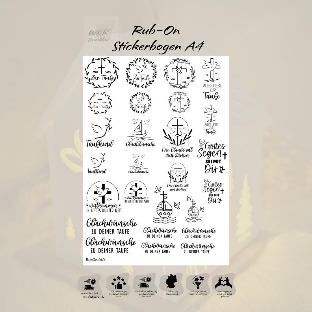 RubOn Sticker / Taufe / A4 Bogen / Randlos /Abreibebilder / DIY Sticker für z.B. Glas Holz
