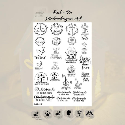 RubOn Sticker / Taufe / A4 Bogen / Randlos /Abreibebilder / DIY Sticker für z.B. Glas Holz