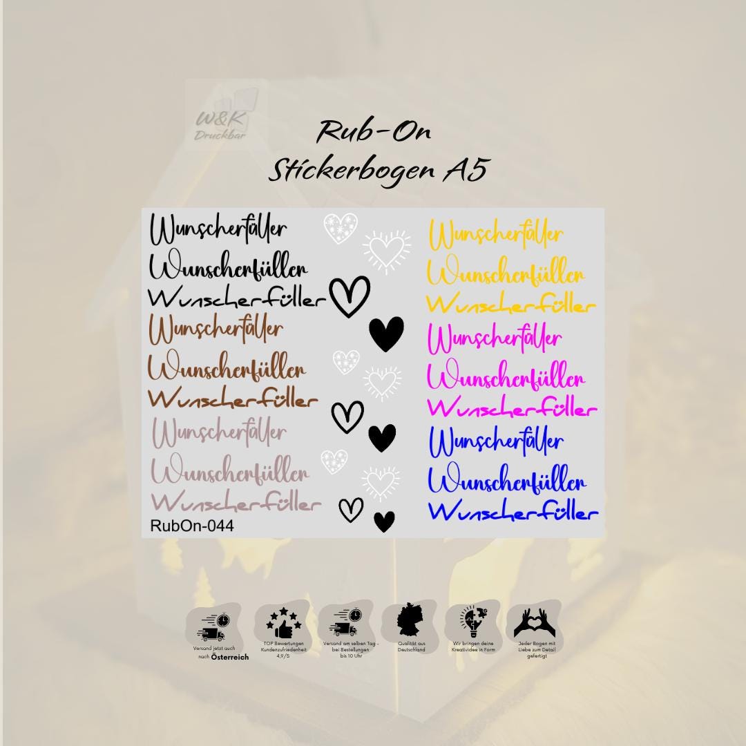 RubOn Sticker / Wunscherfüller / A5 Bogen / Randlos /Abreibebilder / DIY Sticker für z.B. Glas Holz