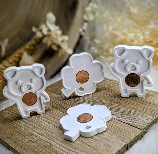 Silikonform Glücksbringer / Glücksschwein / Glücksklee / kleines Glücksduo / Geldgeschenk / Verpackungsidee / Raysin / Silikonform