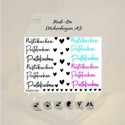 RubOn Sticker / Pustekuchen / A5 Bogen / Randlos /Abreibebilder / DIY Sticker für z.B. Glas Holz