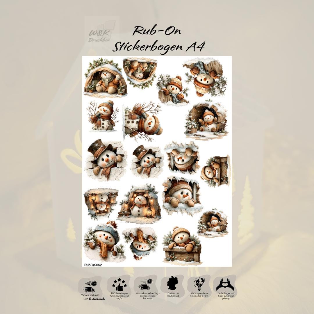 RubOn Sticker / Schneemänner #2 / A4 Bogen / Randlos /Abreibebilder / DIY Sticker für z.B. Glas Holz