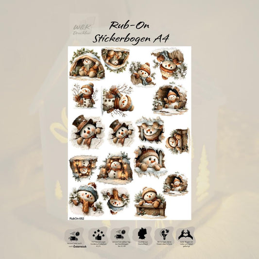 RubOn Sticker / Schneemänner #2 / A4 Bogen / Randlos /Abreibebilder / DIY Sticker für z.B. Glas Holz
