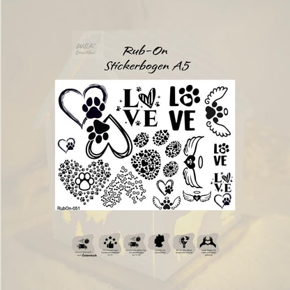 RubOn Sticker / Pfote / A5 Bogen / Randlos / Abreibebilder / DIY Sticker für z.B. Glas Holz