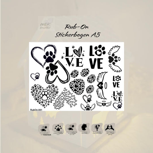 RubOn Sticker / Pfote / A5 Bogen / Randlos / Abreibebilder / DIY Sticker für z.B. Glas Holz