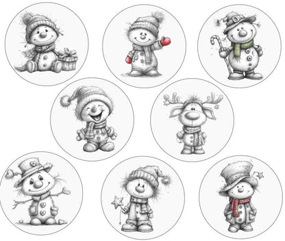 RubOn Sticker / Schneemänner Bleistift #2 / A4 Bogen / Randlos /Abreibebilder / DIY Sticker für z.B. Glas Holz