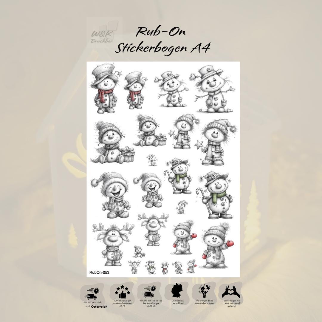 RubOn Sticker / Schneemänner Bleistift #2 / A4 Bogen / Randlos /Abreibebilder / DIY Sticker für z.B. Glas Holz