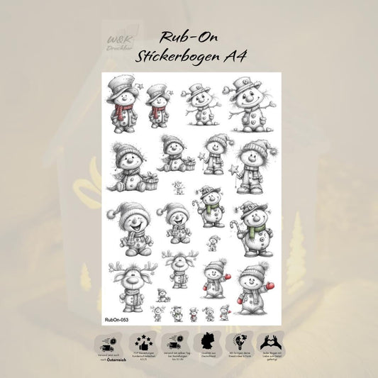 RubOn Sticker / Schneemänner Bleistift #2 / A4 Bogen / Randlos /Abreibebilder / DIY Sticker für z.B. Glas Holz