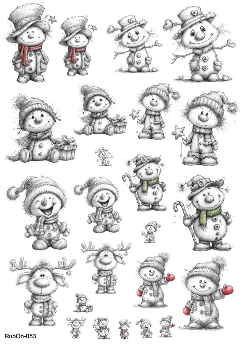 RubOn Sticker / Schneemänner Bleistift #2 / A4 Bogen / Randlos /Abreibebilder / DIY Sticker für z.B. Glas Holz