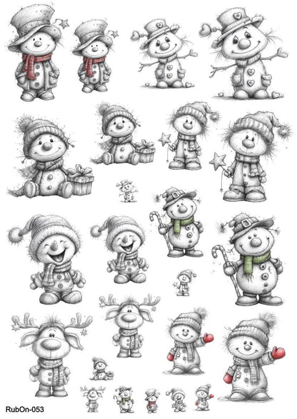 RubOn Sticker / Schneemänner Bleistift #2 / A4 Bogen / Randlos /Abreibebilder / DIY Sticker für z.B. Glas Holz
