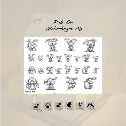 RubOn Sticker / Hasen Bleistiftzeichnung / A5 Bogen / Randlos / Abreibebilder / DIY Sticker für z.B. Glas Holz