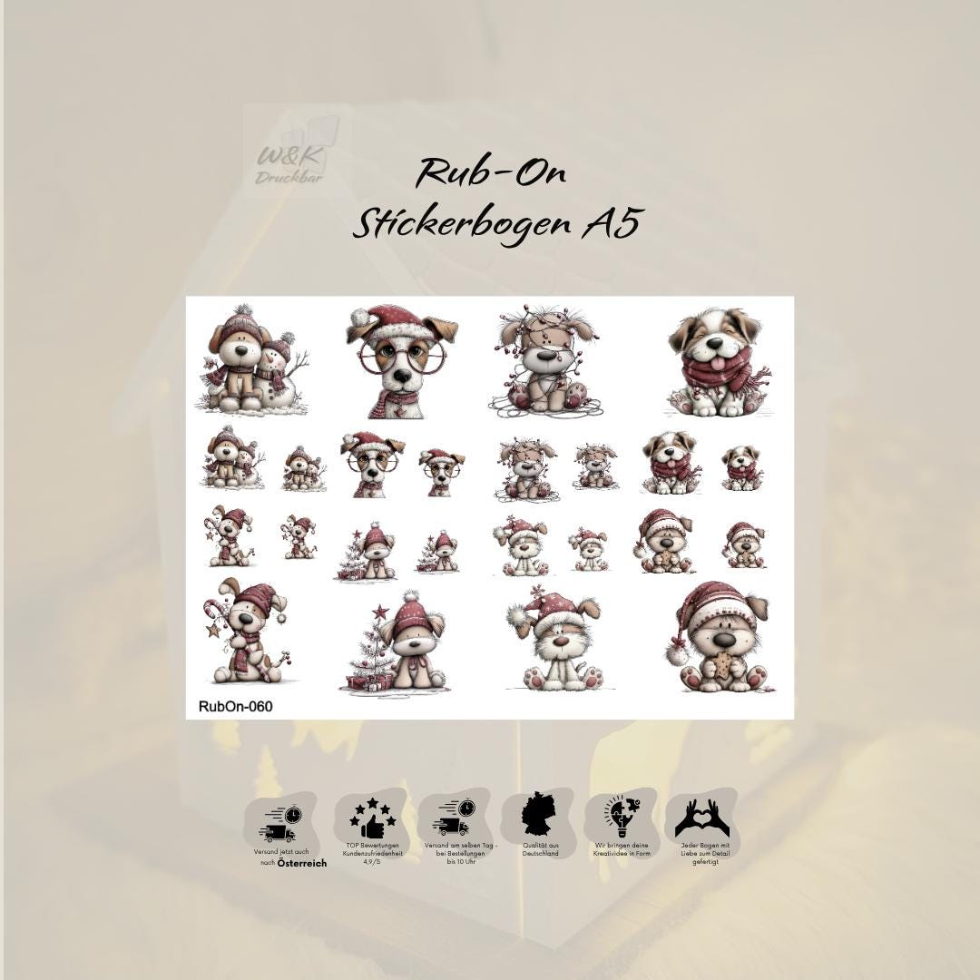 RubOn Sticker / Hunde Weihnachten / A5 Bogen / Randlos / Abreibebilder / DIY Sticker für z.B. Glas Holz