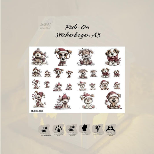RubOn Sticker / Hunde Weihnachten / A5 Bogen / Randlos / Abreibebilder / DIY Sticker für z.B. Glas Holz