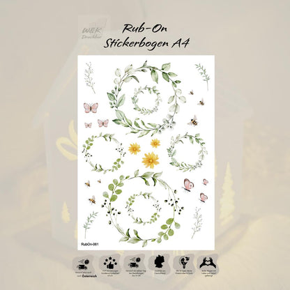 RubOn Sticker / Eukalyptus Kränze / A4 Bogen / Randlos /Abreibebilder / DIY Sticker für z.B. Glas Holz