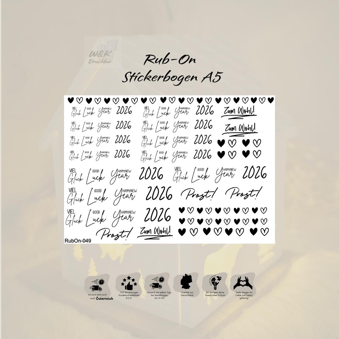 RubOn Sticker / 2026 / A5 Bogen / Randlos / Abreibebilder / DIY Sticker für z.B. Glas Holz