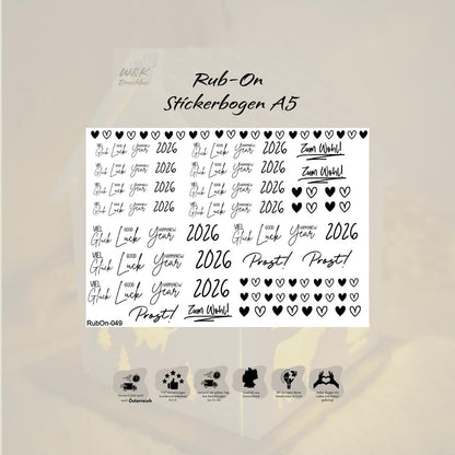 RubOn Sticker / 2026 / A5 Bogen / Randlos / Abreibebilder / DIY Sticker für z.B. Glas Holz