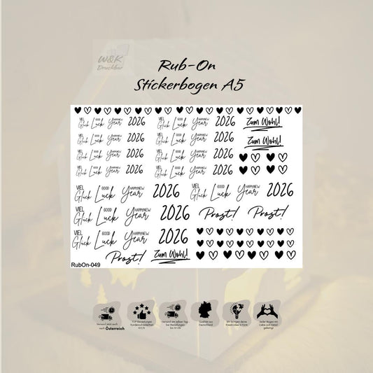 RubOn Sticker / 2026 / A5 Bogen / Randlos / Abreibebilder / DIY Sticker für z.B. Glas Holz