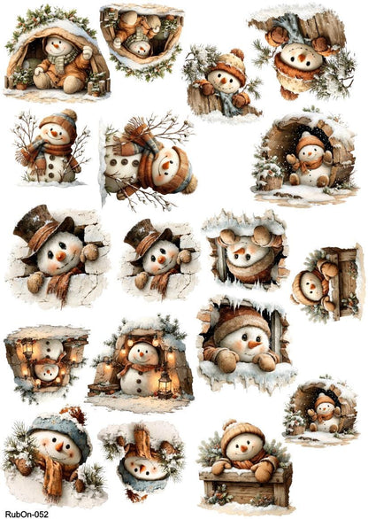 RubOn Sticker / Schneemänner #2 / A4 Bogen / Randlos /Abreibebilder / DIY Sticker für z.B. Glas Holz