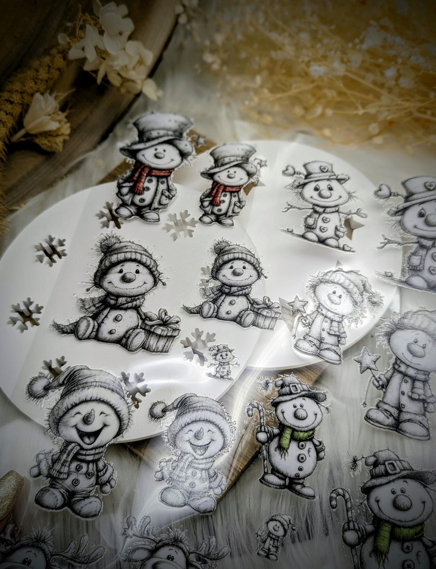 RubOn Sticker / Schneemänner Bleistift #2 / A4 Bogen / Randlos /Abreibebilder / DIY Sticker für z.B. Glas Holz