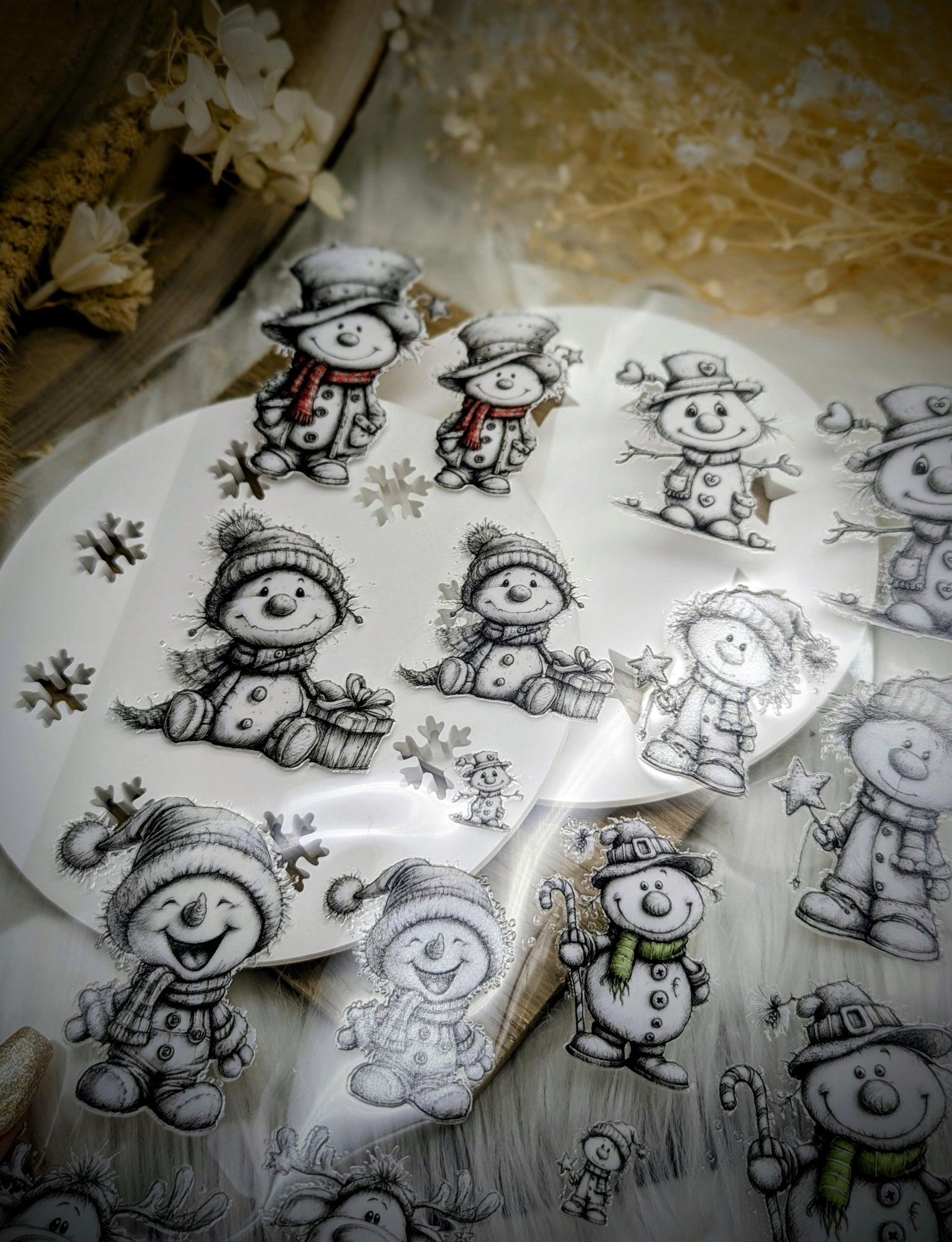 RubOn Sticker / Schneemänner Bleistift #2 / A4 Bogen / Randlos /Abreibebilder / DIY Sticker für z.B. Glas Holz