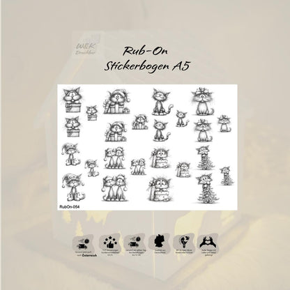 RubOn Sticker / Katzen Bleistiftzeichnung / A5 Bogen / Randlos / Abreibebilder / DIY Sticker für z.B. Glas Holz